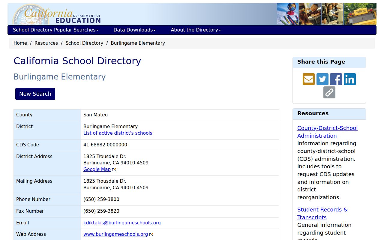 Burlingame people directories CDE district directory entry