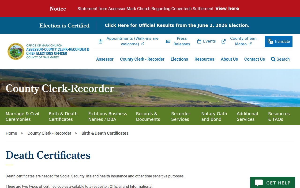 Burlingame public records San Mateo death certificate requests