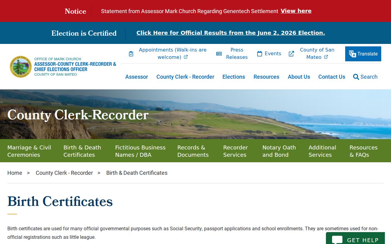 Burlingame public records San Mateo birth certificate requests