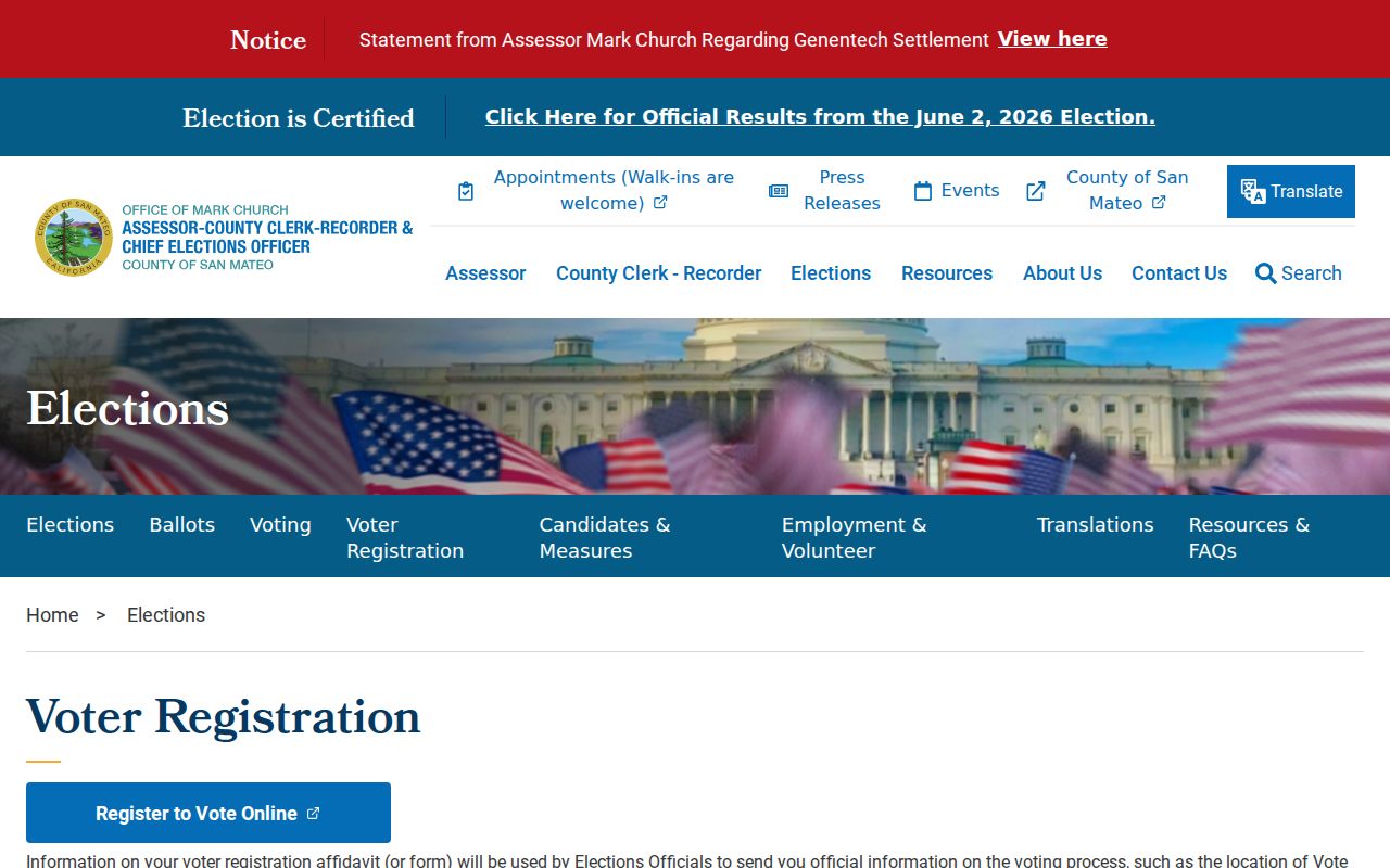 Burlingame voter registration records San Mateo County voter registration page